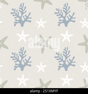 Korallen grau und Seesterne weiß, Meeresmuster auf weichem Hintergrund. Das pastellfarbene Lichtmuster vermittelt eine gemütliche Unterwasserwelt. Vektorabbildung Stock Vektor