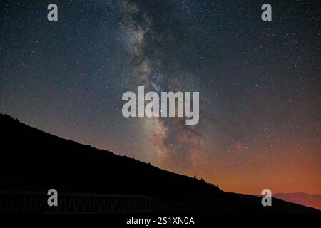 Hintergrundfoto der Sternennacht. Die Milchstraße und die Silhouette der Hügel. Hintergrund der Milchstraße. Stockfoto