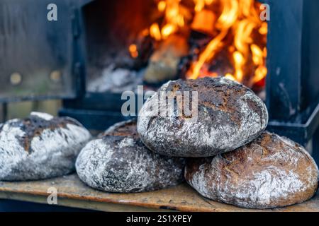 Frisch gebackenes Brot, goldene Brote auf Holzregalen und ein glühendes Feuer im Hintergrund schaffen ein warmes Ambiente. Stockfoto