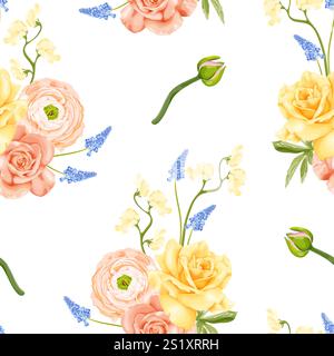Ein nahtloses florales Vektormuster mit gelben Rosen, Pfirsichranunkeln, blauem Muscari und weichen pastellfarbenen süßen Erbsenblüten auf weißem Hintergrund. Stock Vektor