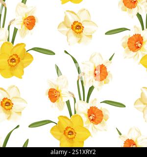 Helles und elegantes nahtloses Vektormuster mit gelben und weißen Narzissen mit grünen Stielen auf weißem Hintergrund. Stock Vektor
