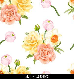Ein florales nahtloses Vektormuster im Frühling mit gelben Rosen, Pfirsichrosen, Narzissen und rosa Knospen auf weißem Hintergrund. Stock Vektor