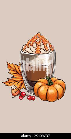 Heißes Herbstgetränk in einem Becher mit Sahne, Kürbissen und Waldblättern Clipart. Vektorabbildung. Saisonales Getränk im Herbst. Süße Grußkarte, Postkartendesi Stock Vektor