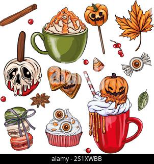 Coffee Flat halloween Candy Elements Kollektion, Set aus niedlichen und gruseligen halloween Bechern. Vektorabbildung. Halloween Witch Club SVG Sublimation T shi Stock Vektor
