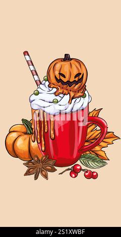 Heißes Herbstgetränk in einem Becher mit Sahne, Kürbissen und Waldblättern Clipart. Vektorabbildung. Saisonales Getränk im Herbst. Süße Grußkarte, Postkartendesi Stock Vektor