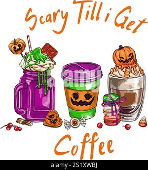 Coffee Flat halloween Candy Elements Kollektion, Set aus niedlichen und gruseligen halloween Bechern. Vektorabbildung. Halloween Witch Club SVG Sublimation T shi Stock Vektor