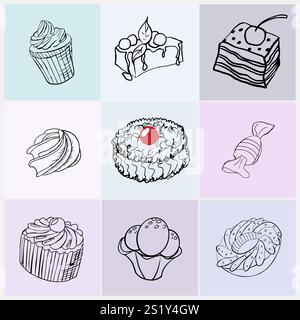 Ein Set von neun Desserts auf mehrfarbigen Quadraten Stock Vektor