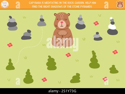 Capybara-Schatten, der Aktivität mit Steinpyramiden und ihren Schatten auf dem Gras entspricht. Capibara-Formerkennungs-Puzzle mit niedlichem meditierendem Tier. F Stock Vektor