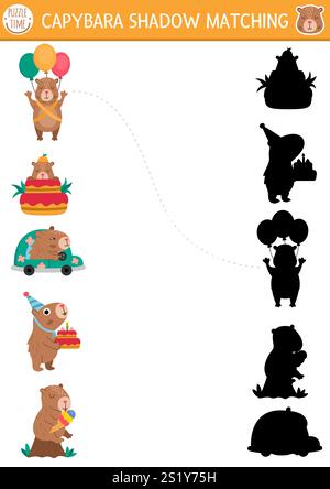 Capibara Shadow Matching Aktivität. Puzzle zur Erkennung von Capybara-Formen. Finde das richtige Arbeitsblatt oder Spiel für die Silhouette. Passende Seite für Kinder mit Stock Vektor