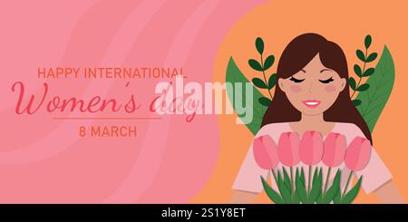 Poster, Postkarte mit einem Mädchen mit Blumen zum Internationalen Frauentag Stock Vektor
