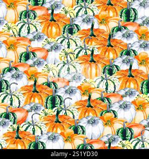 Kürbisse. Aquarellzeichnung heller Kürbisse. Nahtloses gepflastertes Muster mit Gemüse für Ihr Design. Stockfoto