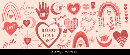 Valentinstag im Retro-Boho-Stil. Böhmische Romantik Happy Valentine Day. Boho Regenbogen, Herz und Blumen. Vektor Stock Vektor