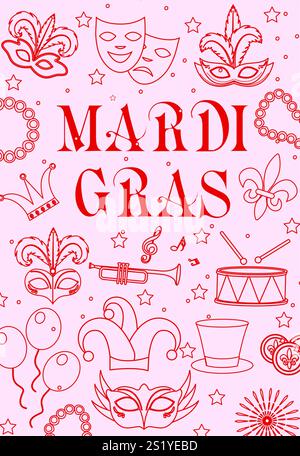 Mardi Gras kritzelte pinkfarbene Poster. Karnevalsmasken und Partydekorationen. Handgezeichnete Vektorgrafik Stock Vektor
