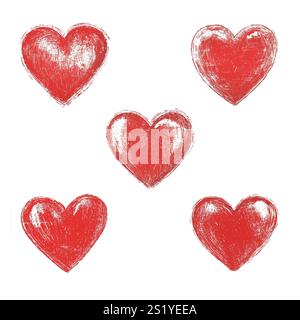 Set aus rotem handgezeichnetem Vintage-Herz isoliert auf weißem Hintergrund. Designelemente zum Valentinstag für die Grußkarte. Stockfoto