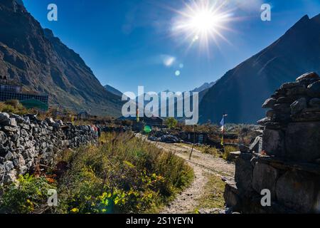 Langtang Dorf - 16. Oktober 2024 : Sonnenaufgang am frühen Morgen im Dorf Langtang und Trail nach Kyangji Gompa mit Langtang Lirung Berg und Gangchenpo Stockfoto