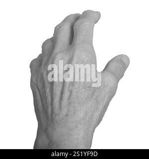 Gestreckte Handgeste. Die zerknitterte linke Hand der älteren Frau mit sichtbaren Venen, die Finger sind ausgestreckt, als ob sie etwas erreichen oder fangen würden. Rückenansicht Stockfoto