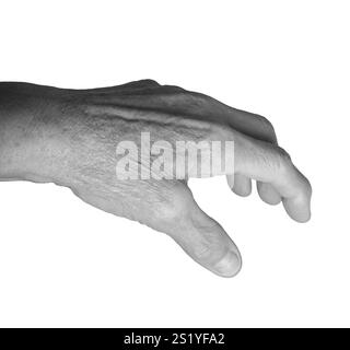 Gestreckte Handgeste. Die zerknitterte linke Hand der älteren Frau mit ausgestreckten Fingern, Venen und Arterien sichtbar, die das Erreichen oder den Versuch symbolisieren Stockfoto