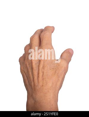 Gestreckte Handgeste. Die zerknitterte Hand der älteren kaukasischen Frau, die mit sichtbaren Venen und Arterien nach außen greift und Bewegung, Ausdruck oder ein symbolisiert Stockfoto