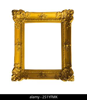 Goldener Vintage-Rahmen. Verziertes barockes Holzdesign, klassische rechteckige Form. Zum Anzeigen von Gemälden oder Kunstwerken in einem Museum, einer Galerie oder einer Elega Stockfoto