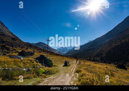 Langtang Dorf - 16. Oktober 2024 : Sonnenaufgang am frühen Morgen im Dorf Langtang und Trail nach Kyangji Gompa mit Langtang Lirung Berg und Gangchenpo Stockfoto