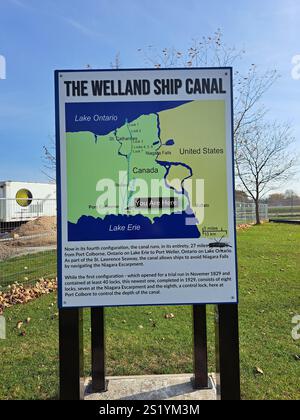 Schild für den Welland-Schiffskanal am Lock 8 Gateway Park auf der Mellanby Avenue in Port Colborne, Ontario, Kanada Stockfoto