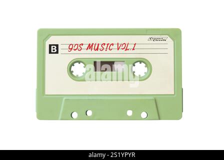 Kompakte Vintage-Audiokassette mit einer Zusammenstellung von Musik aus den 90er Jahren, isoliert auf weißem Hintergrund Stockfoto