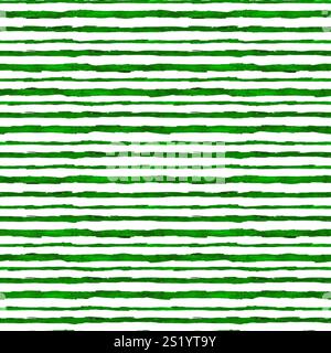 Aquarellfarben handgezeichnet dunkelgrüne Streifen nahtloses Muster. Basismuster. Klassisches Muster. Digitales Papier. Horizontale Streifen auf weißem Hintergrund. Linien Stockfoto