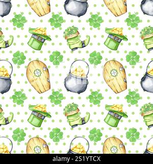St Patrick's Day Aquarell nahtloses Muster mit Topf aus Gold, Leprechaun Hut und Stiefel, Schamrock, hölzerne Türklee auf Polka Dot Hintergrund. Irisch Stockfoto