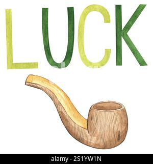St Patrick's Day Clipart-Set mit Pfeife und Schriftzug Luck. Irische Feiertagselemente auf weißem Hintergrund. Holzpfeife zum Rauchen Stockfoto