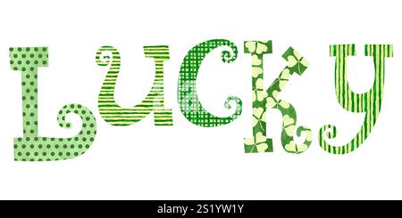 St. Patrick's Day Glücksschrift isoliert auf weißem Hintergrund. Strukturierte grüne Buchstaben für irische Feiertage. Polka Dot, Linien, Streifen, Karomuster, drei Stockfoto