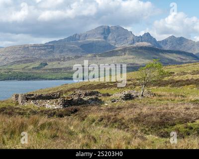 Ruinen der croft-Mauern der verlassenen Siedlung Suisnish mit dem Cuillin-Gebirge in der Ferne, Isle of Skye, Schottland, Großbritannien Stockfoto