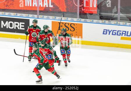 Göteborg, Schweden. Januar 2025. Spieler Frölunda HC feiert das Tor zu 2-0 von Christian Folin in der zweiten Spielzeit gegen Leksands IF. Stockfoto