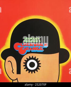 Viersen, Deutschland - 9. Mai. 2024: A Clockwork Orange Film Cinema Poster Detail mit Malcolm McDowell von 1971 Stockfoto