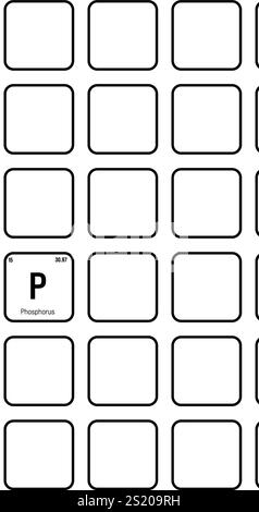 Phosphor, P, Periodenelement mit Name, Symbol, Atomzahl und Gewicht. Nichtmetall mit verschiedenen industriellen Verwendungszwecken, z. B. in Düngemitteln, Detergenzien und als Bestandteil bestimmter Arten von Explosivstoffen. Stock Vektor