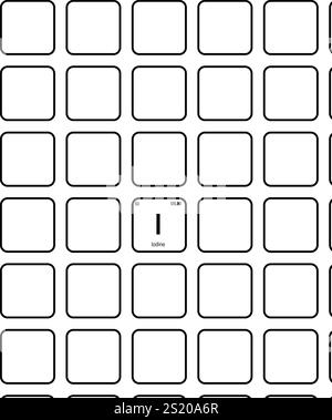 Jod, I, Periodenelement mit Name, Symbol, Atomzahl und Gewicht. Halogen mit verschiedenen industriellen Anwendungen, wie in der Medizin, in der Fotografie und als Desinfektionsmittel. Stock Vektor