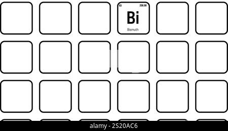 Bismut, Bi, Periodenelement mit Name, Symbol, Atomzahl und Gewicht. Schwermetalle mit verschiedenen industriellen Verwendungszwecken, z. B. in Kosmetika, Legierungen und als Ersatz für Blei in bestimmten Anwendungen. Stock Vektor