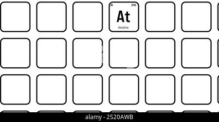Astatine, AT, Periodenelement mit Name, Symbol, Atomzahl und Gewicht. Radioaktives Halogen mit Einsatzmöglichkeiten in der Krebsbehandlung und als Quelle von Alpha-Partikeln für die wissenschaftliche Forschung. Stock Vektor