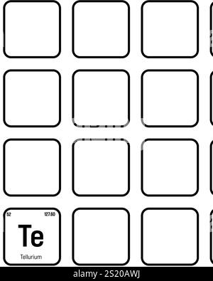 Tellur, Te, Periodenelement mit Name, Symbol, Atomzahl und Gewicht. Metalloid mit verschiedenen industriellen Verwendungen, z. B. in bestimmten Glasarten, Solarzellen und als Bestandteil in bestimmten Arten von Medikamenten. Stock Vektor
