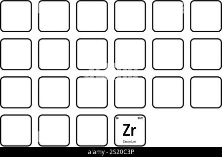 Zirkonium, Zr, Periodenelement mit Name, Symbol, Atomzahl und Gewicht. Übergangsmetall mit verschiedenen industriellen Verwendungen, z. B. in bestimmten Arten von Kernreaktoren, bestimmten Glasarten und als Bestandteil in bestimmten Legierungen. Stock Vektor