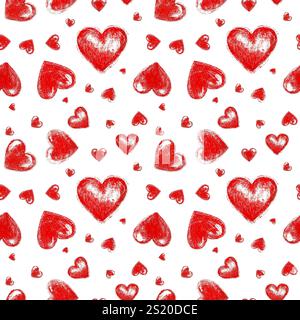 Nahtloses Muster mit roten handgezeichneten Vintage-Herzen auf weißem Hintergrund. Designelemente zum Valentinstag für die Grußkarte. Stockfoto