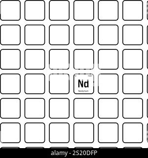 Neodym, ND, Periodenelement mit Name, Symbol, Atomzahl und Gewicht. Seltenerdmetall mit verschiedenen industriellen Verwendungen, wie z. B. in Magneten, Lasern und als Komponente in bestimmten Glasarten. Stock Vektor