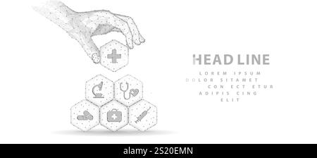 Gesundheitssystem. Medizinische Ikonen auf Sechsecken machten Pyramide und Hand halten das obere Element. Gesundheitsebene, digitale Technologie für den Patientendienst, KI Stock Vektor