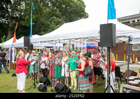 Seniorenchor singt weihnachtslieder auf einem lokalen weihnachtsmarkt in Avalon Beach, Sydney, Australien Stockfoto