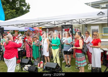 Seniorenchor singt weihnachtslieder auf einem lokalen weihnachtsmarkt in Avalon Beach, Sydney, Australien Stockfoto