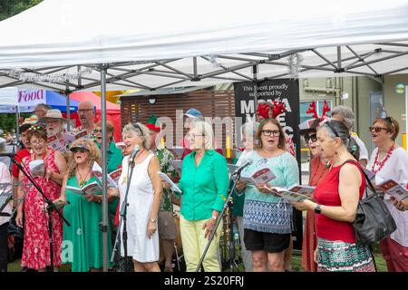 Seniorenchor singt weihnachtslieder auf einem lokalen weihnachtsmarkt in Avalon Beach, Sydney, Australien Stockfoto