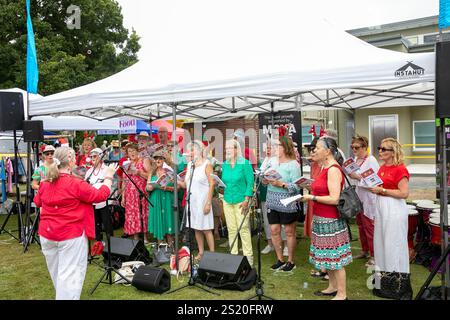 Seniorenchor singt weihnachtslieder auf einem lokalen weihnachtsmarkt in Avalon Beach, Sydney, Australien Stockfoto