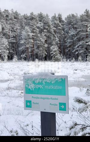 Der erste Schnee des Winters bedeckt die Paunküla Wanderwege in der Nähe von Tallinn, Estland Stockfoto