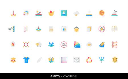 Stoffeigenschaften und Eigenschaften von Ballaststoff- und Textilfarben-Symbolsets. Beständig gegen Wasser und Temperatur, ultraviolett, atmungsaktives Material, leichte Feder, Seide flache Elemente Vektor-Illustration Stock Vektor