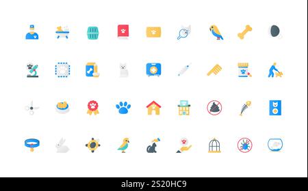 Tierklinik für Tiergesundheit, Pflege und Impfspritze, Tierpfoten Farbe Icon Set. VET Kit Zubehör, Knochen- und Hundekäfig, Schüssel zum Füttern von Katzen und Hunden flache Elemente Vektorillustration Stock Vektor