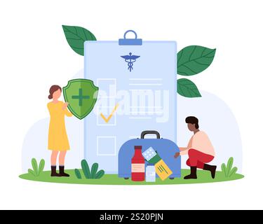 Krankenversicherung, medizinische Versorgung und Schutz des Patienten. Winzige Leute, die Sicherheitsschild mit Kreuz und Kasten von erste-Hilfe-Kasten halten, großes Anspruchsformular, Vereinbarung über Clipboard-Karikaturvektor-Illustration Stock Vektor